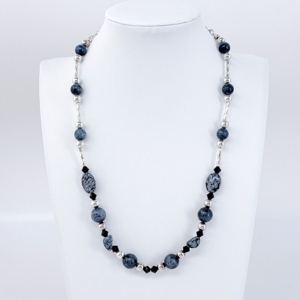 Snowflake Obsidian Glass Bead Necklace | Estate Sterling Silver 925 | 18.5"